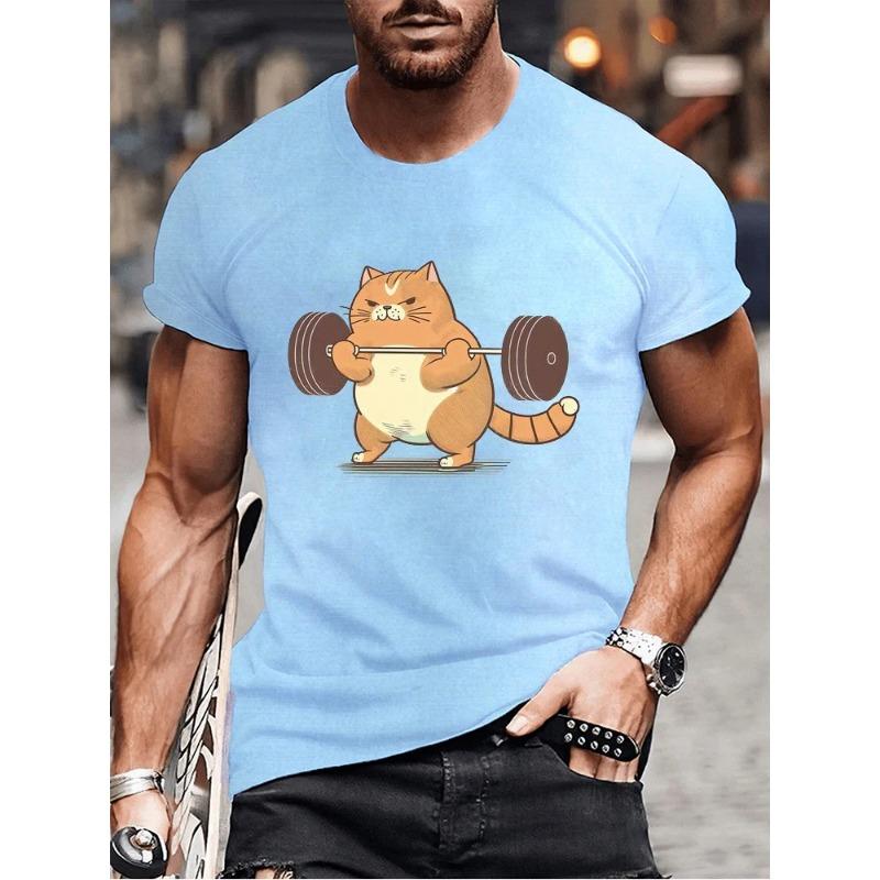 Summer Round Neck Funny Cat Weightlifting Graphic 3D Print Top Sports and Fitness T-shirts Fashionable Casual Short Sleeved Men's T-shirts