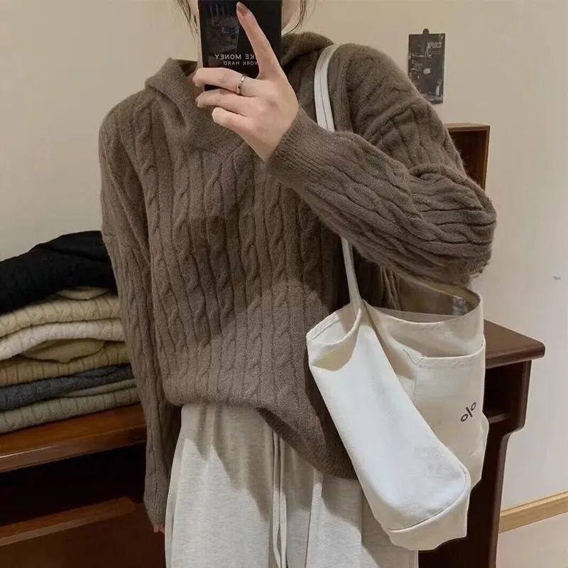 Women's Retro Korean-Style Cable Knit Hooded Sweater - Autumn/Winter Fashion