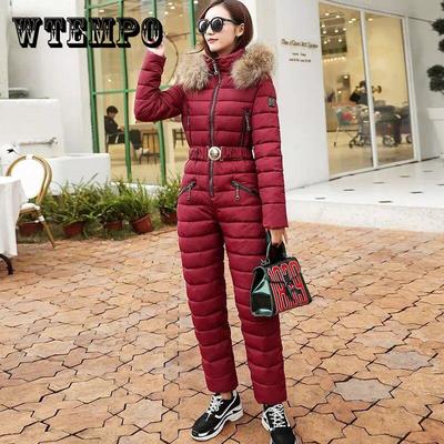 Einteiliger Skianzug für Damen, Jacken, Winter-Parka mit Pelzkragen, Overall aus Baumwolle, Body mit Schärpen, Overalls, Outdoor-Snowboard-Jacke, Ski-Hosen-Sets