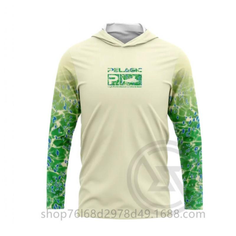Mens Quick-Dry Ice Silk Long Sleeve Fishing Shirt UPF50 Sun Protection Hooded Tee With Integrated Face Cover