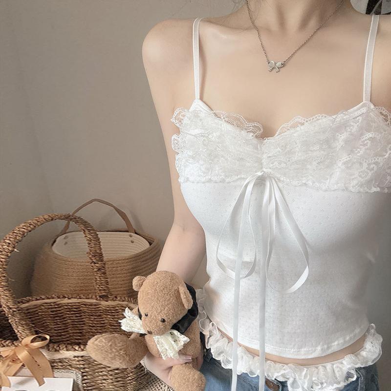 Summer Women'S Sweet Sexy Bow Lace Patchwork Sleeveless Slim Camisole With Chest Pad