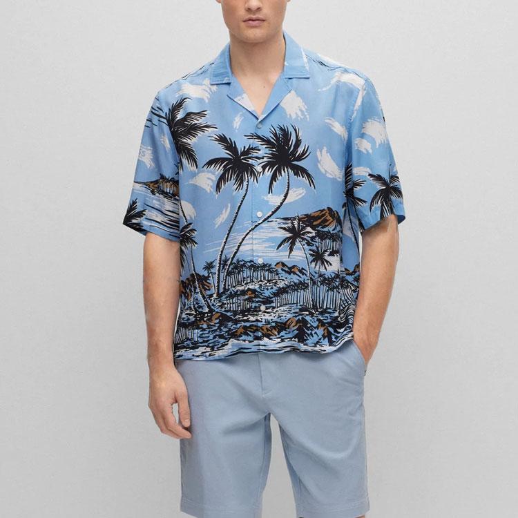 HUGO BOSS Shirts Men's Blue Cuban Collar Moderate Hawaii 50490433-492