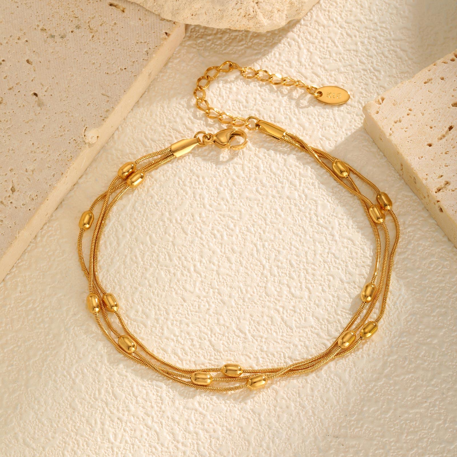 

Chic Three-layer Rice Bead Round Anklet for Women,Gold Color Stainless Steel Snake Chain Anklets,Summer Vacation Jewelry Gift