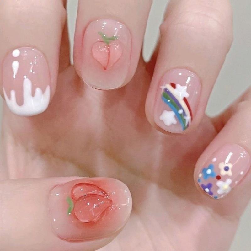 And Cute Naked Sweet Short Handmade Nail Art With Rainbow  Peach Flowers