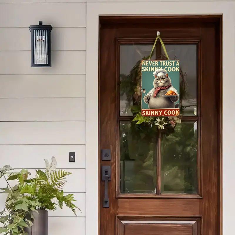 Vintage-Style Tin Sign "Never Trust a Slimy Chef" Rustic Metal Wall Art with Chef Cat Illustration, Metal Wall Art Decor