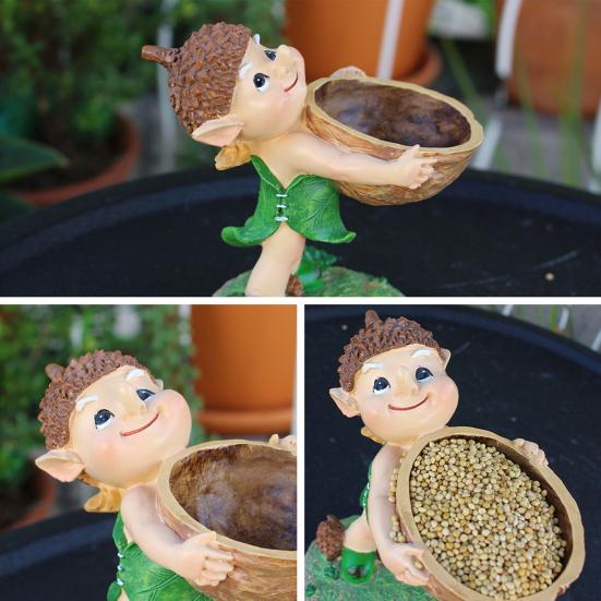 Forest Elf Bird Feeder Resin Elf Figurine with Walnut Bowl Wild Bird Feeding Bowl Garden Statue for Courtyard Outdoor Decor