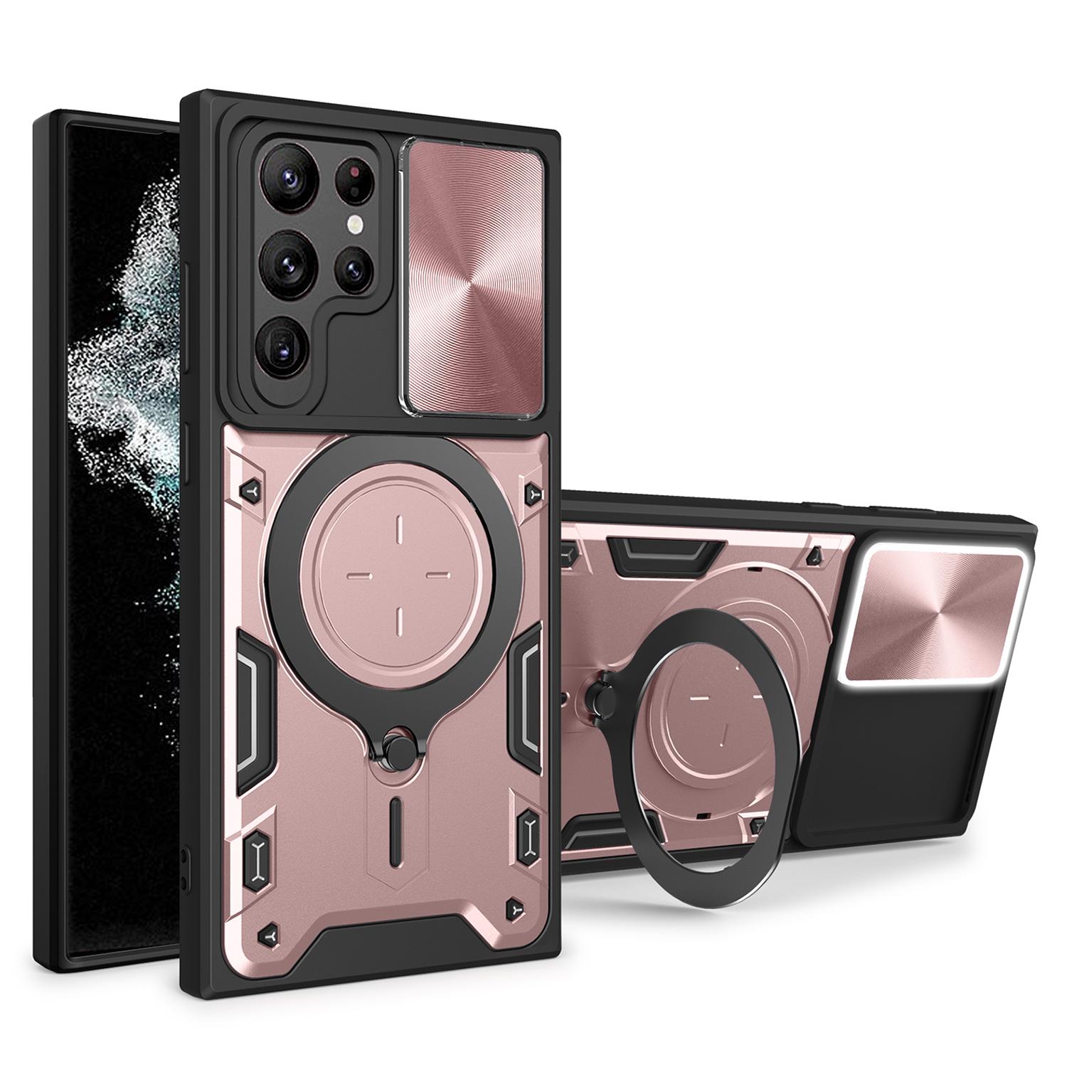 

For Samsung Galaxy S22 Ultra 5G Rotatable Kickstand Phone Case Shockproof PC+TPU Cover with Slide Camera Lid Pink