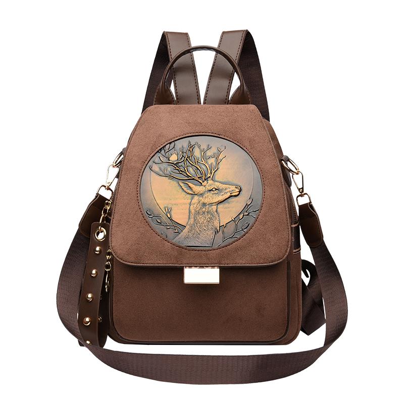 Vintage Brown Suede Backpack with Deer Embossed Design - Convertible Shoulder Bag for Women, Fashion Travel & Daily Use