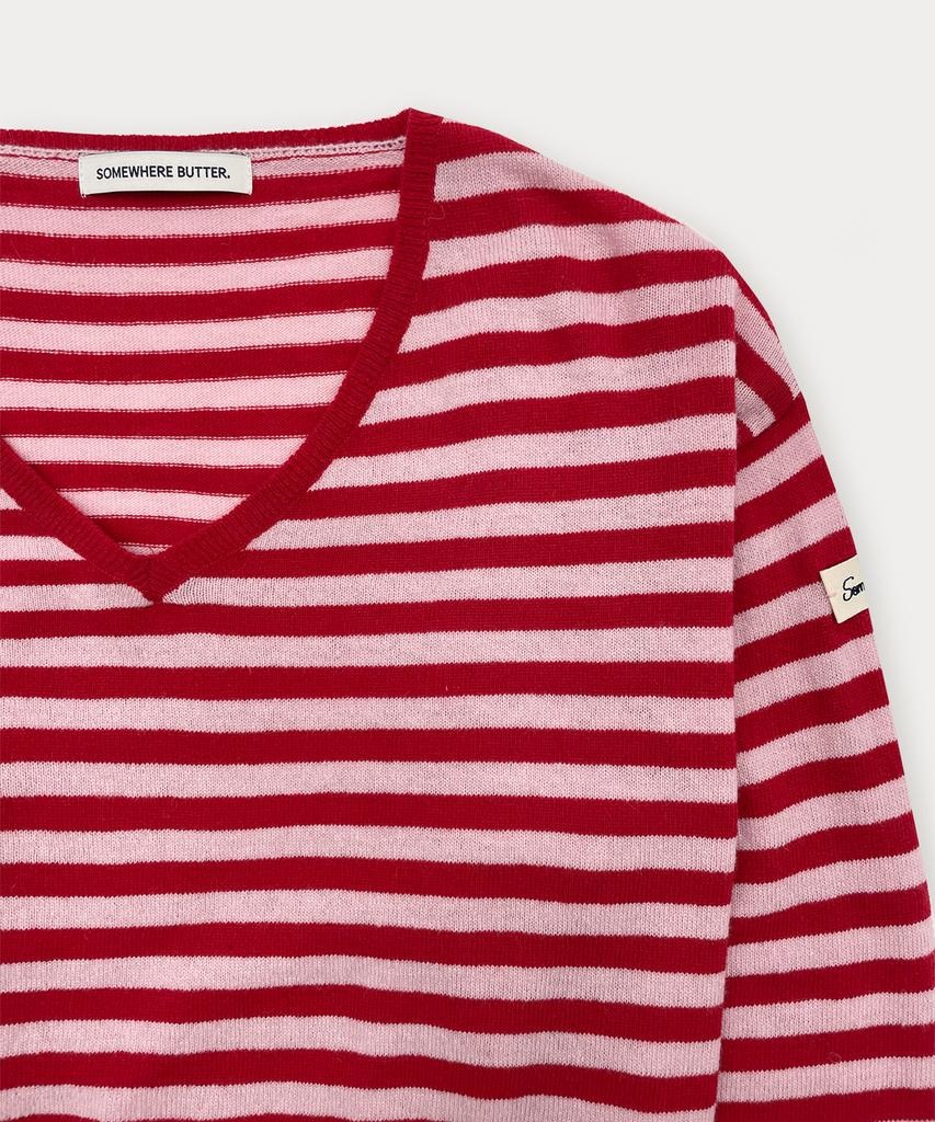 Sseomweeobeoteo Pokey Stripe V-Neck Knit - Red