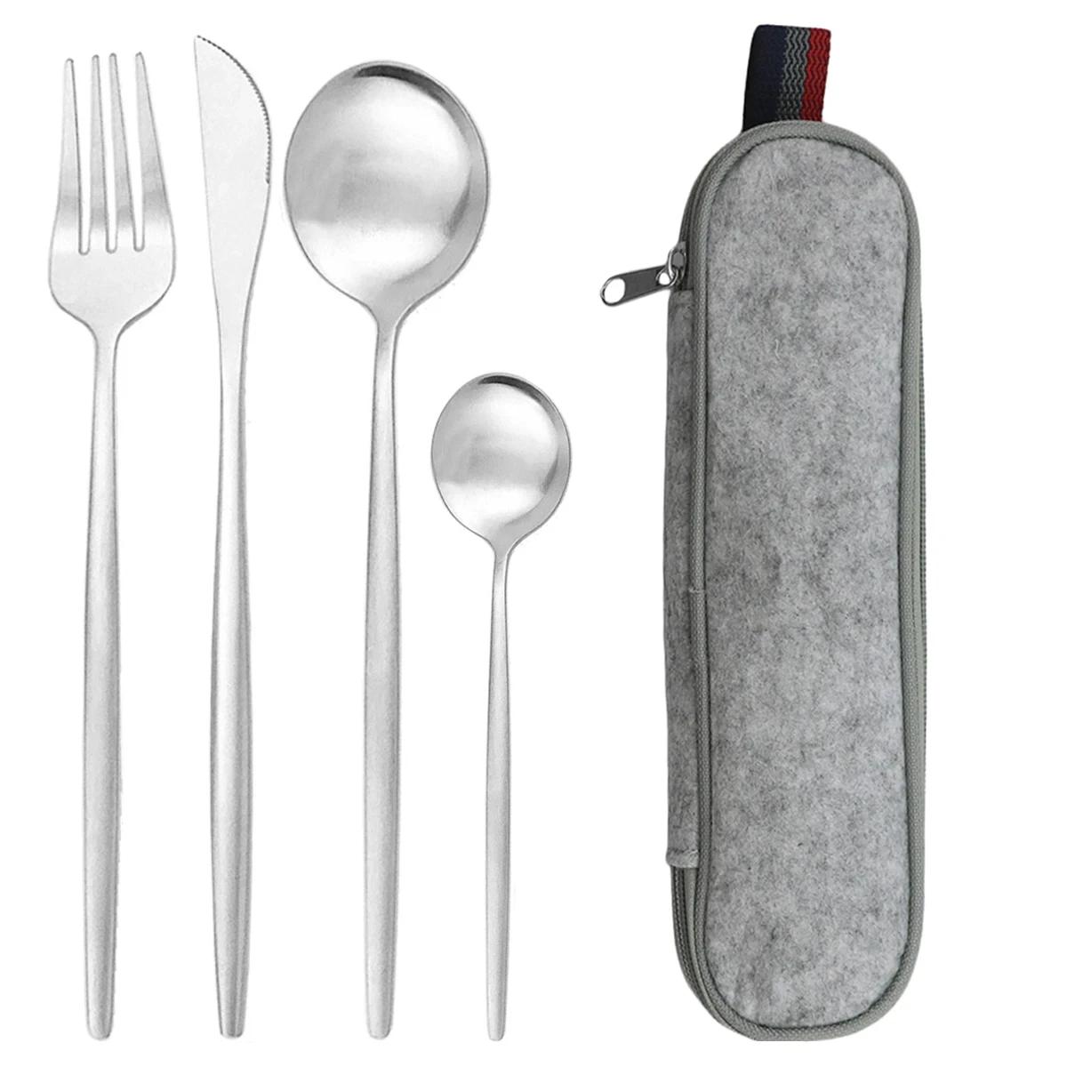 

Набор столовой посуды 5 шт./набор Черный Золотой Дорожный Походный Набор Столовых Приборов Многоразовые Столовые Приборы с Металлическим Ножом Ложкой Вилкой и Портативным Чехлом серебряный