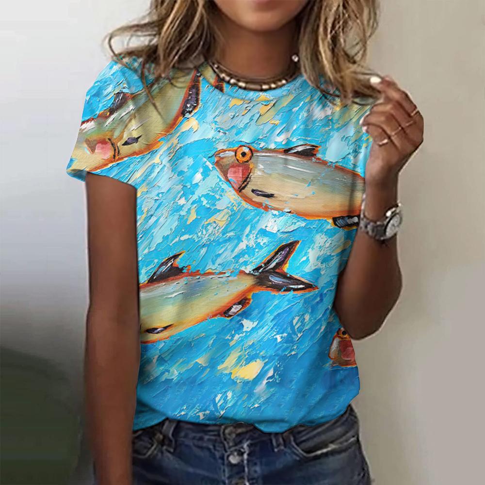 Summer Round Neck 3D Fish Printed Top Fashionable Casual Short Sleeved Women's T-shirts