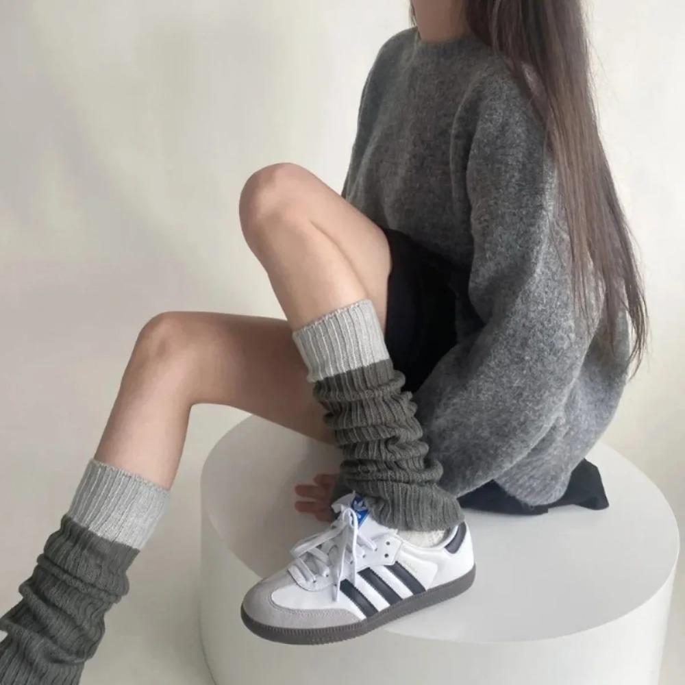 Women Leg Warmers Knitted Splicing Design Winter Warm Legwarmers Gothic Korean Style Furry Leg Warmers Socks Thigh Bands