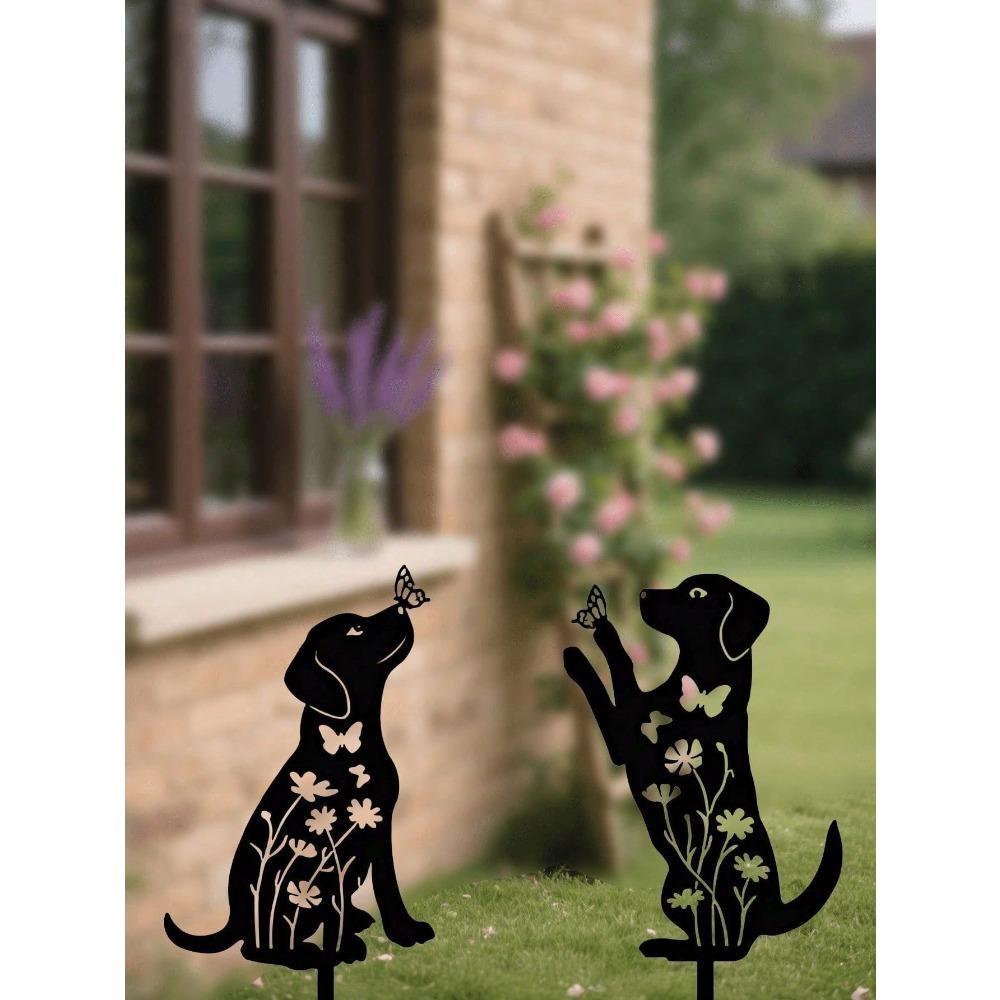 Metal Dog Garden Stakes Set of 2, Cute Puppy Sculpture Outdoor Lawn Art, Weatherproof Yard Decor for Patio, Pet Memorial Gift for Dog Owners