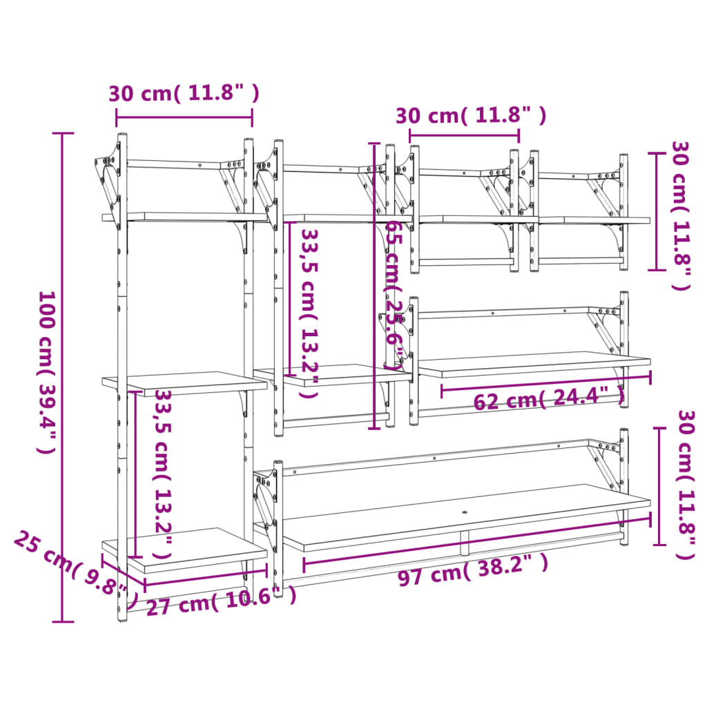 6 Piece Wall Shelf Set with Bars Grey Sonoma Particleboard