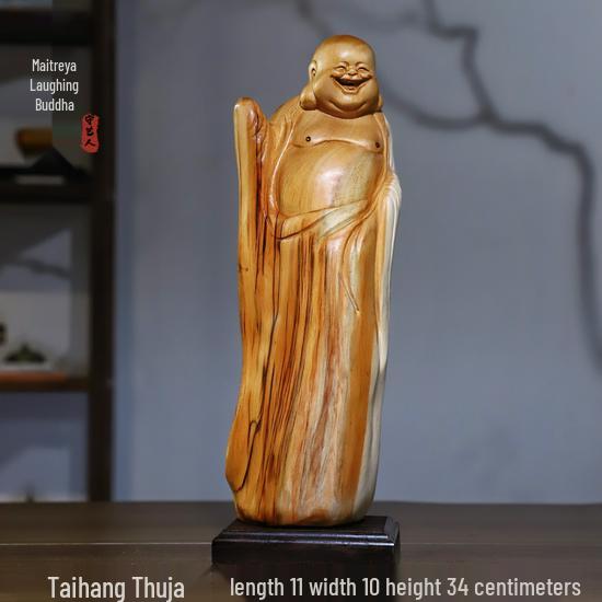 Intaglio Radice di Legno di Cipresso di Scogliera: Ornamento Daruma Maitreya Buddha in Legno Massello in Zafferano Dorato e Legno di Rosa Nanmu.