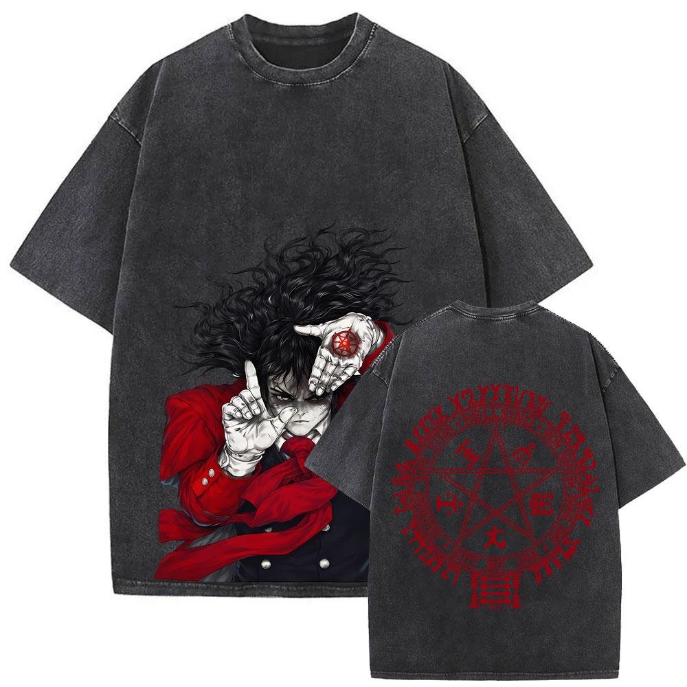 Washed Vintage Anime Hellsing Yumie Takagi Graphic Tshirt Vampire Alucard Merch Tshirts Mens Gothic Manga Oversized T Shirts