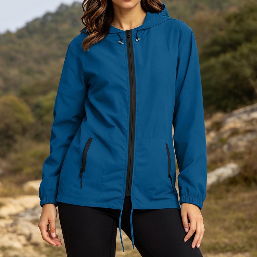 Women Plus Size Lightweight Zip Up Hooded Jacket Long Sleeve Packable Windbreaker with Storage Pouch for Outdoor Travel Hiking Running