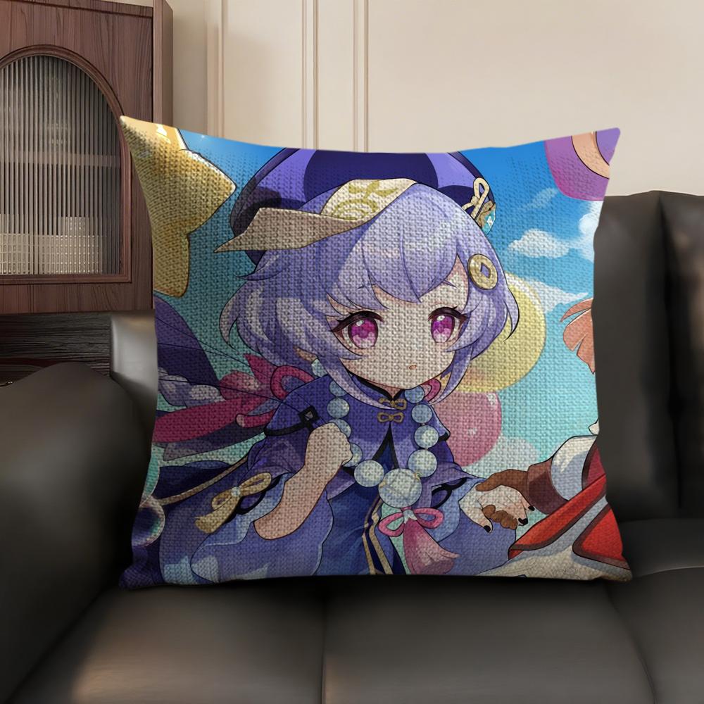 Qiqi Genshin Impact Cute Cushion Cover Natural Linen Organic Fabric DoubleSided Printing Sofa Home Decor Gift Pillow Case