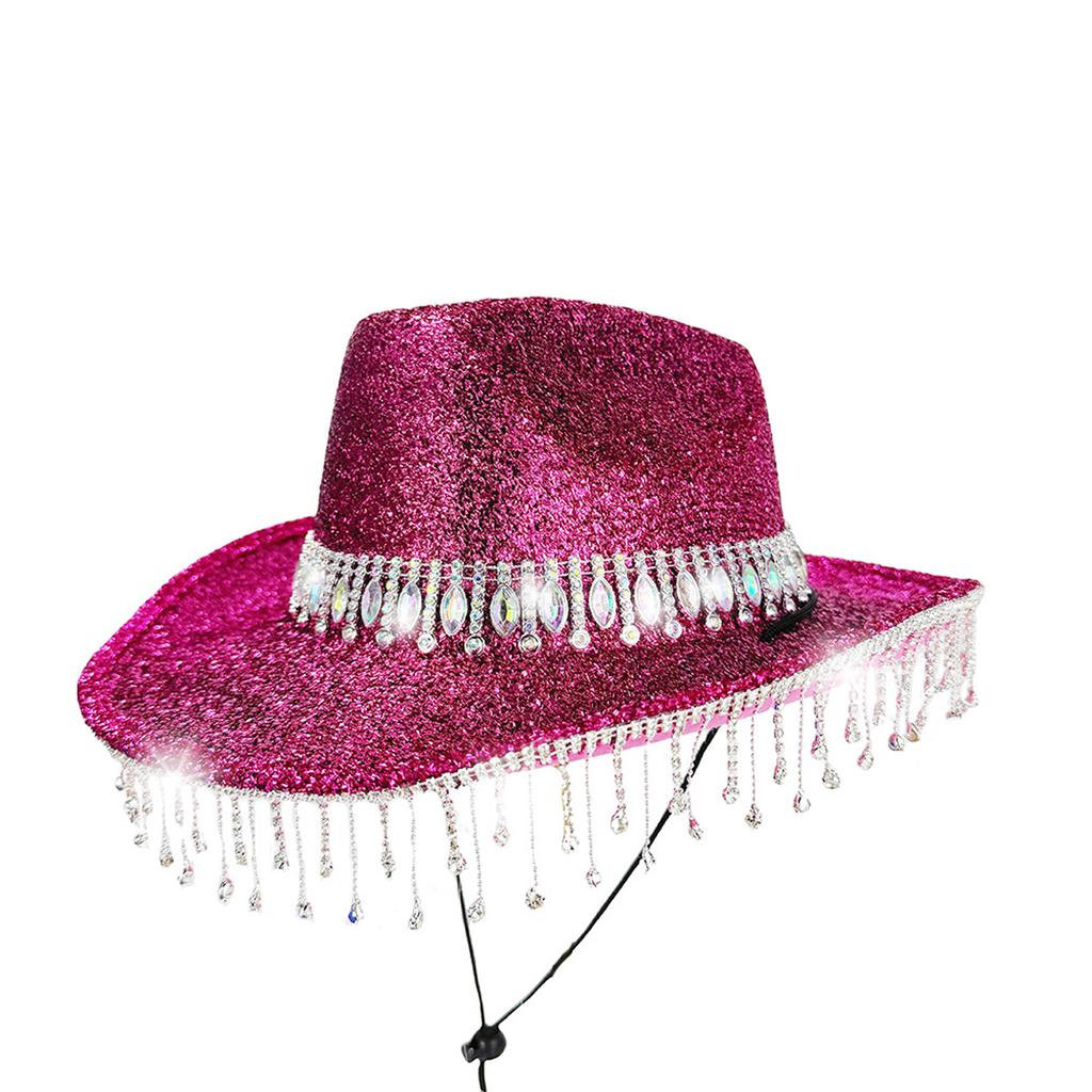 Bling Cowgirl Hat Rhinestone Tassels Western Panama Jazz Caps for Wedding Rave Party Travel Accessorie Women Wide Brim Hats