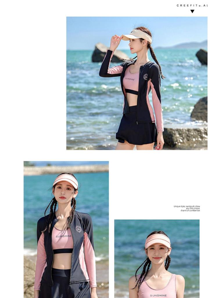 Set Costume da Bagno Sportivo da Donna 2025 a Quattro Pezzi con Maniche Lunghe Protezione Solare