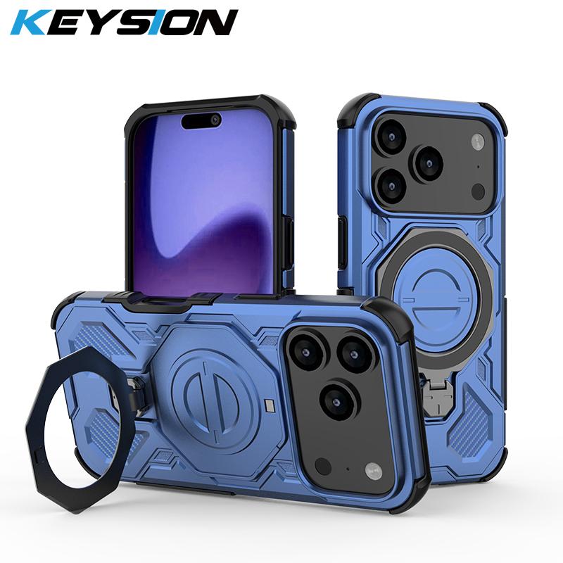 KEYSION Shockproof Magnetic Case for iPhone 17 Pro Max TPU+PC Upright Live Metal Ring Stand Phone Back Cover for iPhone 17 Air
