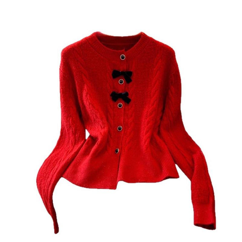 Autumn Winter New Arrival Solid Color Knitted Cardigan Women Bowknot Temperament Outerwear Twist Pattern Sweater Coat