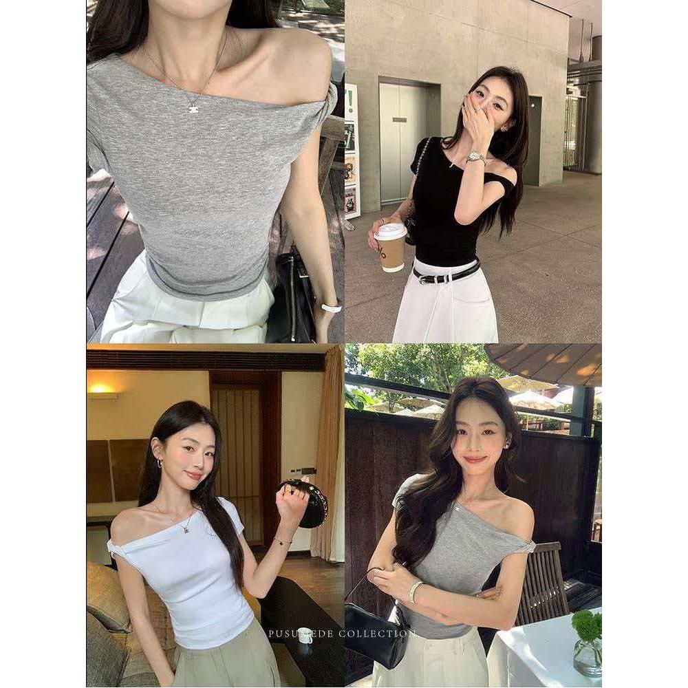 Designer Twisted Cross-shoulder Short-sleeve T-shirt for Women, Summer New Pure and Alluring Spicy Girl Short Gray Top