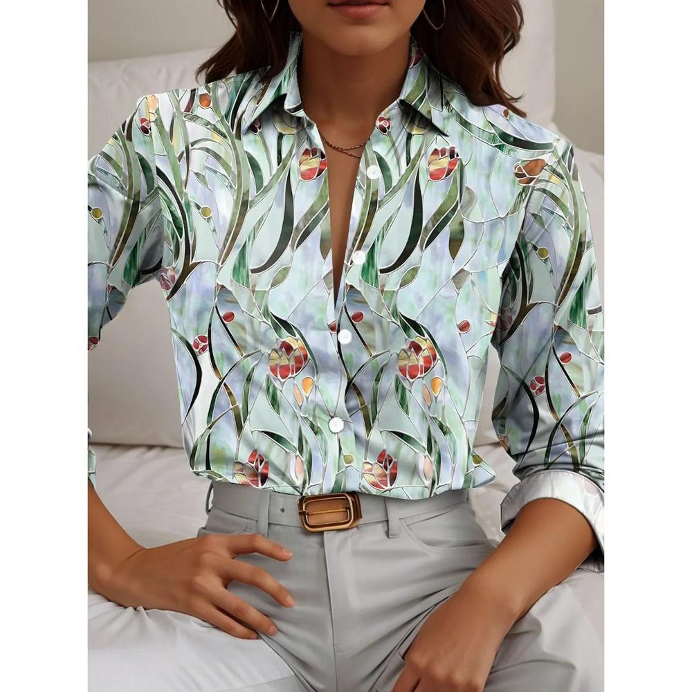 Women's Shirt Flower Active Stylish Blouse Lapel Neck Blouse Fashion New Spring Autumn Long Sleeve Shirts Womens Clothing Female