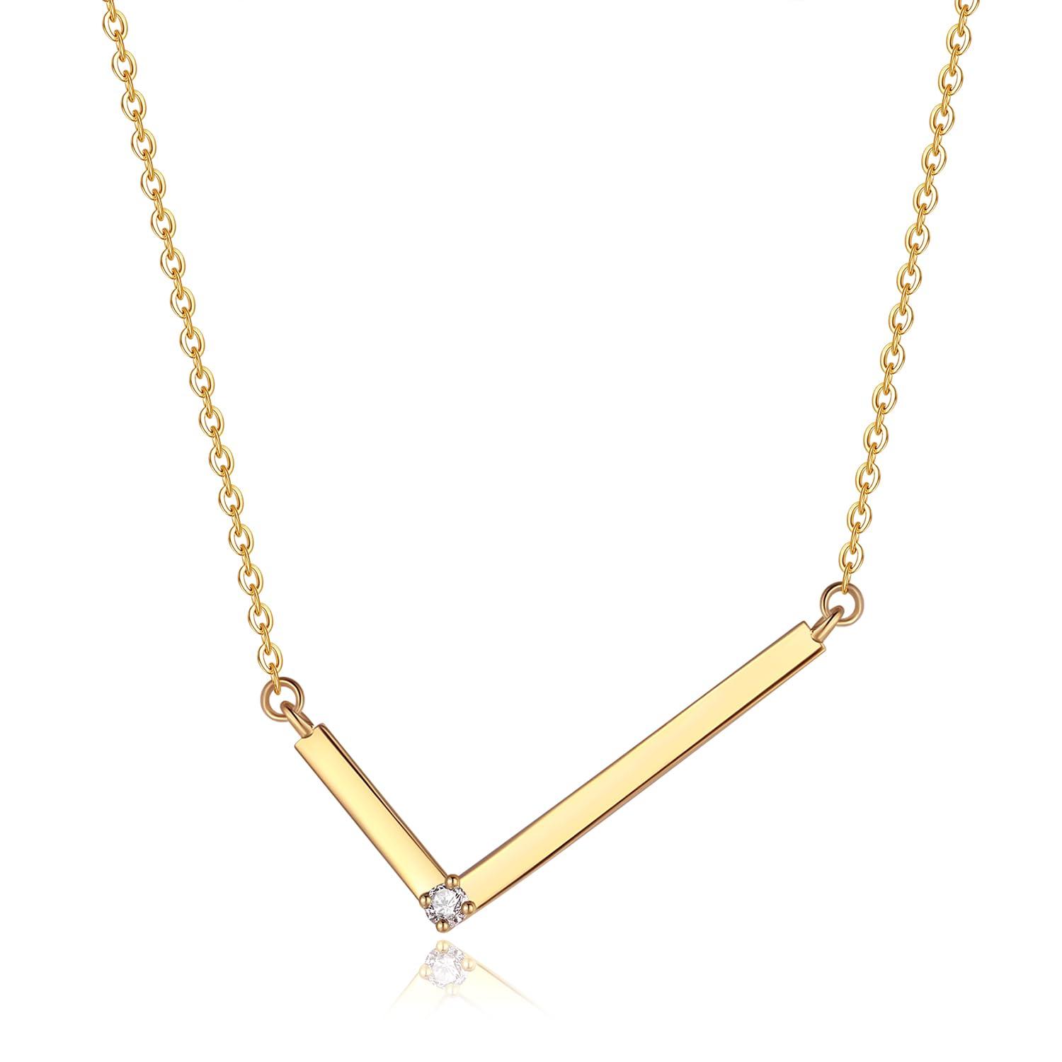 

Natural Diamond Necklace for Women K18 Yellow Gold V Line Single Natural Stone 18K Pendant Good Luck Amulet Day Christmas Birthday Anniversary Present
