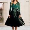 Women Plus Size V Neck Long Sleeve Light Purple Printed Tie Waist Flared A Line Midi Dress