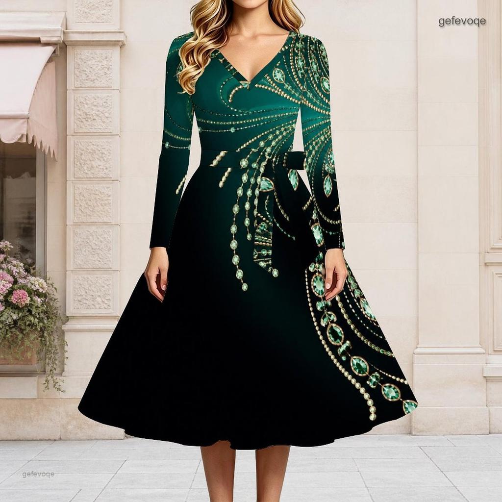 Women Plus Size V Neck Long Sleeve Light Purple Printed Tie Waist Flared A Line Midi Dress