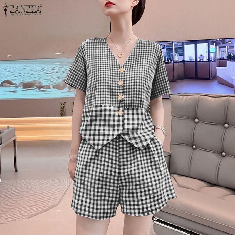 ZANZEA Damen Kurzarmbluse und Shorts Sommer Karomuster Zweiteilige Sets