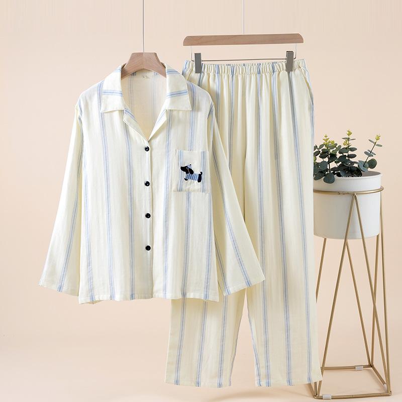 Couple pajamas women's autumn long-sleeved cotton boys lapel cardigan autumn loungewear striped suit