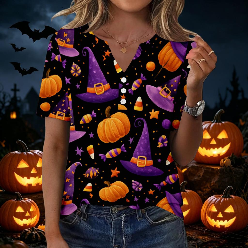 Womens Halloween Print V Neck Short Sleeve T Shirt Button Detail Casual Loose Fit Top for Everyday Wear