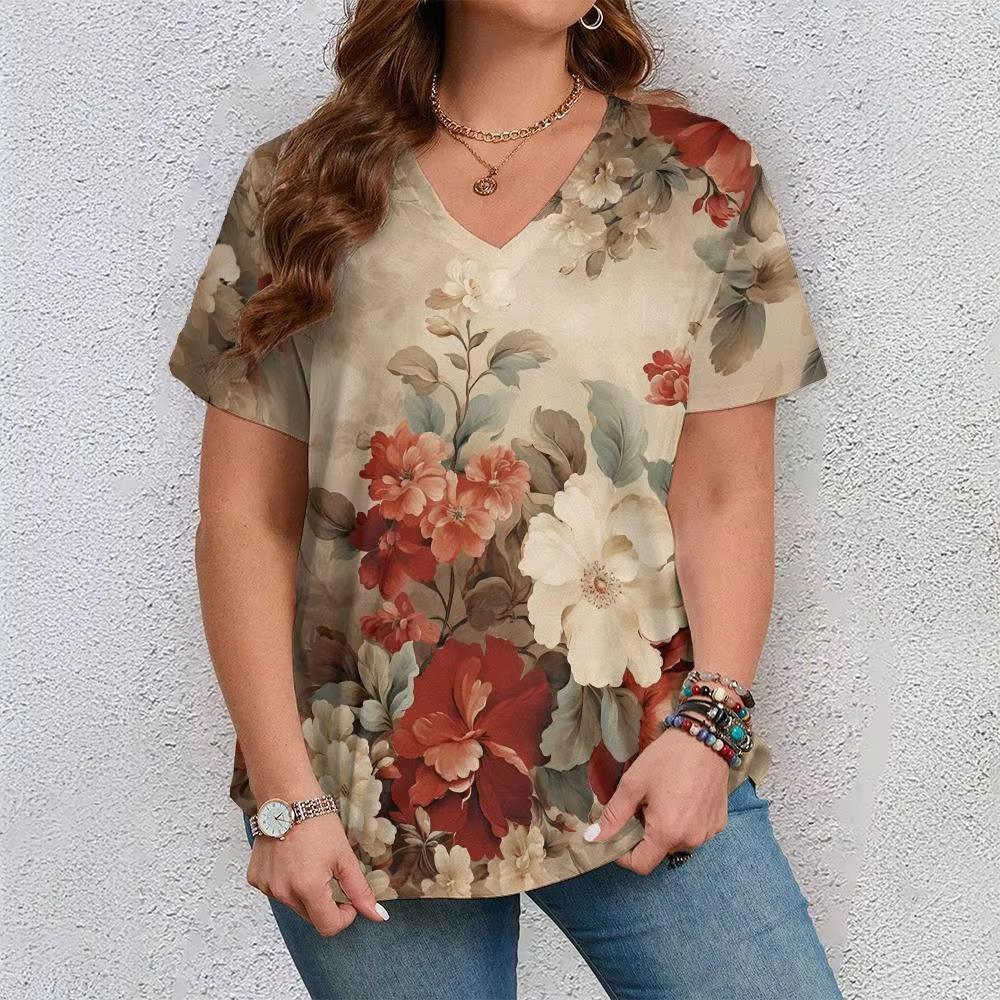 

Повседневная Универсальная Модная Тенденция Высококачественная Футболка с Коротким Рукавом и V-образным Вырезом с Цветочным Узором 5XL