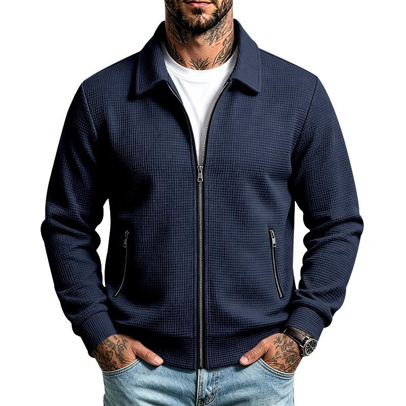 Men S Casual Waffle Knit Zip Pocket Lapel Jacket