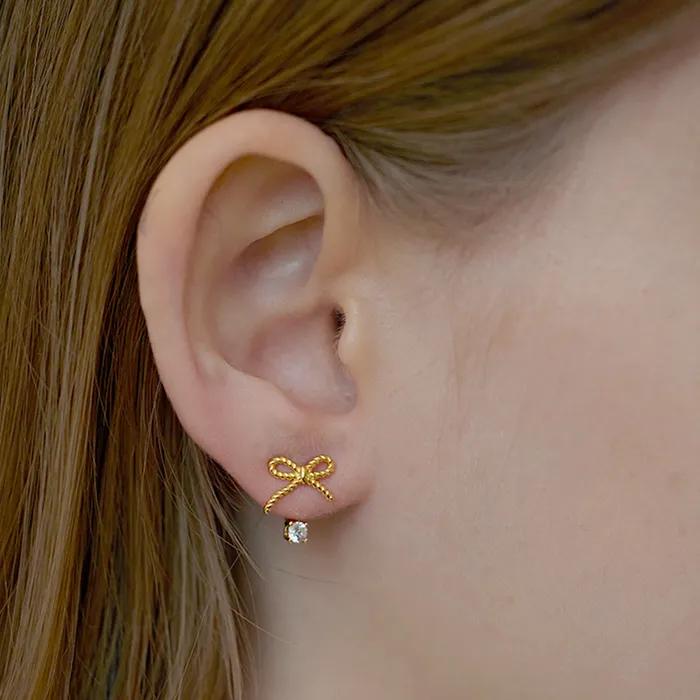 [Silver925] Dot ribbon two-way earring (Silver/Gold)