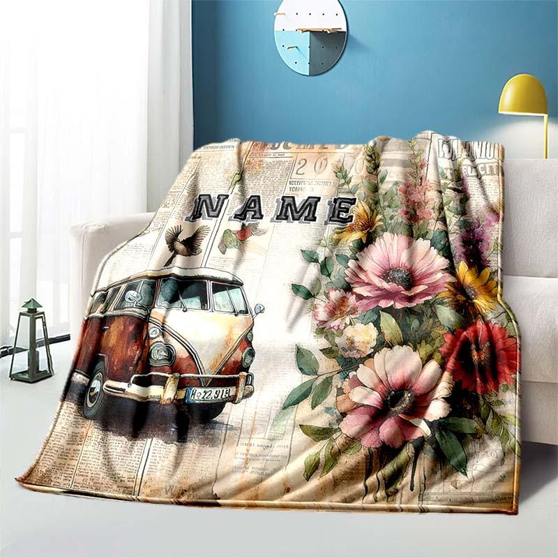 Bus And Flowers Customize Your Name Blanket Used For Chair Office Sofa Bed Camping Soft And Warm Giving Friends And Relatives Birthday Graduation Gift