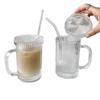 OLOEY Aesthetic Vertical Stripe Glass Beverage Cup with Curved Straw