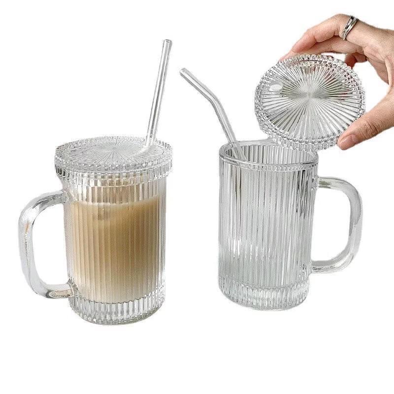 OLOEY Aesthetic Vertical Stripe Glass Beverage Cup with Curved Straw