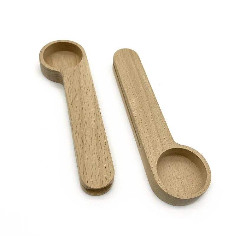Wooden Coffee Bean Measuring Spoon With Bag Clip Tablespoon Solid Measuring Tea Bean Spoons Clips Gift YA040