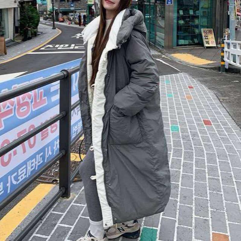 Contrasting colors hooded medium and long cotton clothes for women, new winter models can wear casual and versatile warm coats on both sides