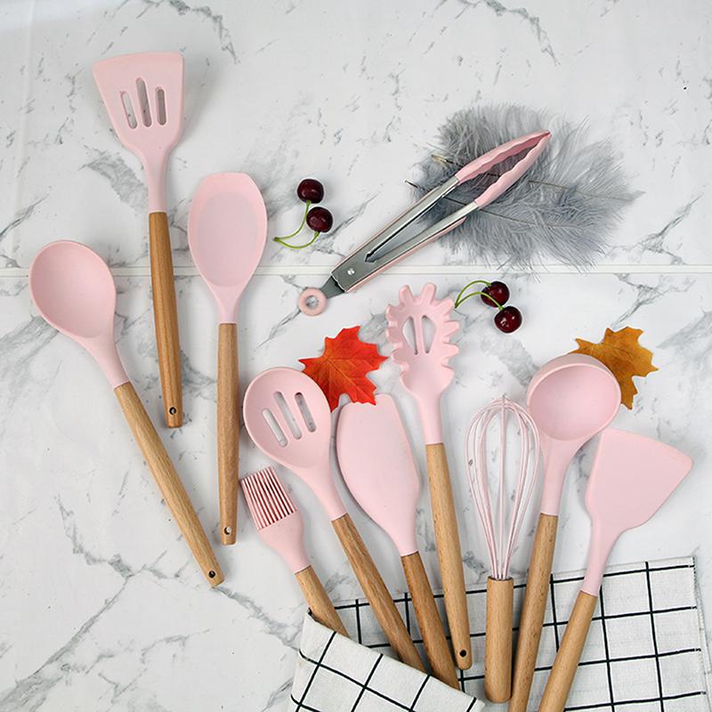 1/12Pcs Silicone Kitchenware Non-Stick Cookware Kitchen Utensils Set Spatula Shovel Egg Beaters Wooden Handle Cooking Tool Set