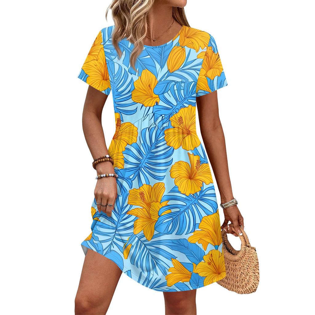 Dresses For Women Short Sleeve Print Round Neck Casual Dresses Waist Dress With Pockets
