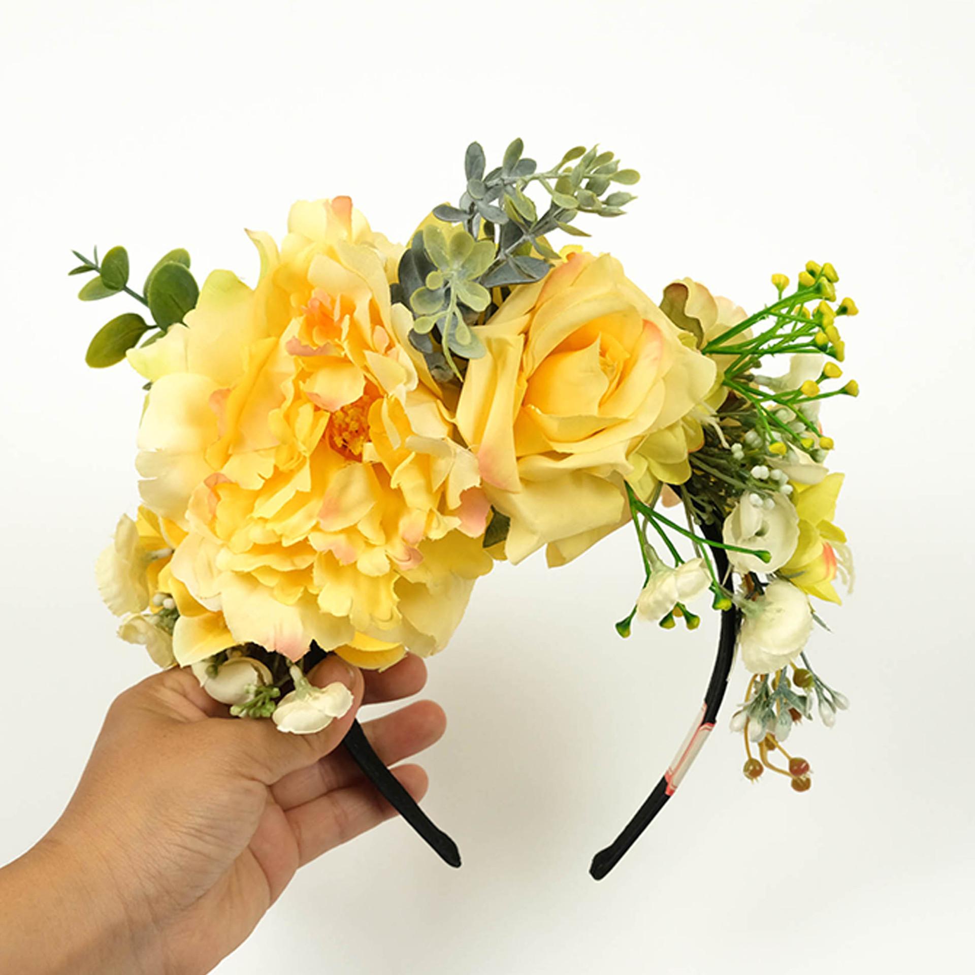 Yellow Peony Rose Hairpin & Double-Sided Headband for Christmas Party Decor