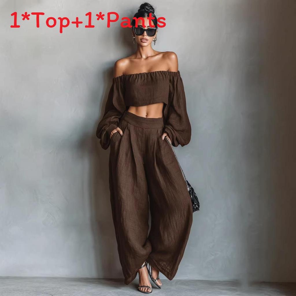 Spring Womens Off Shoulder Crop Top And Wide Leg Pants Set With Spliced Design For Casual Wear