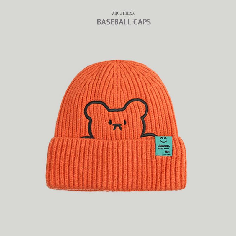 Hats for Women's Autumn and Winter New Bear Embroidered Knitted Hat Korean Style Versatile Wool Hat Couple Smiling Cloth Label Cold Hat Men
