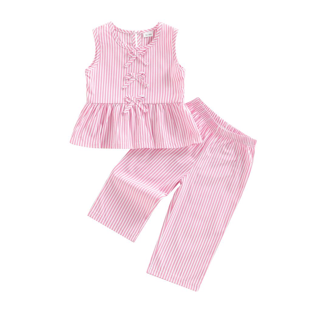 Baby Girl Summer Outfits Striped Bows Ruffled Hem Crew Neck Sleeveless Tank Tops and Pants 2 Pcs Set