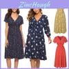 Neck V Women Boho Floral Midi Dress Short Sleeve Summer Beach Sundress Casual