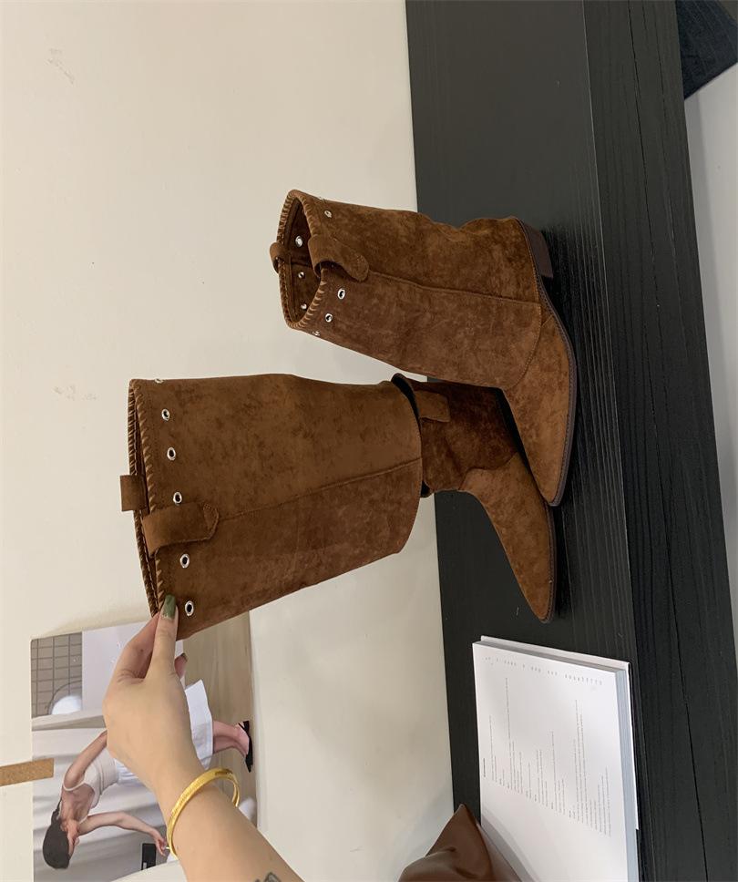 

Коричневые замшевые ботфорты на высоком каблуке с острым носком Женские ботинки 2025 Осень/Зима Западные облегающие ботинки 39 коричневый